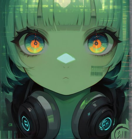 1girl, general, ascii art, looking at viewer, green hair, green eyes, text, barcode tattoo, computer chip, user interface, monitor, black headphones around neck, portrait, curious, dot mouth, colored skin, close-up, barcode, solo, headphones, multicolored eyes, headphones around neck, bangs, closed mouth, short hair, blunt bangs, green theme, english text, gradient eyes, tattoo, glowing green skin, aqua logo, screen light, circle \(shape\), circle, masterpiece, best quality, very awa, newest, absurdres, highres, <lora:ponyv5_noobV065S_1_adamW-000013:1.00>
