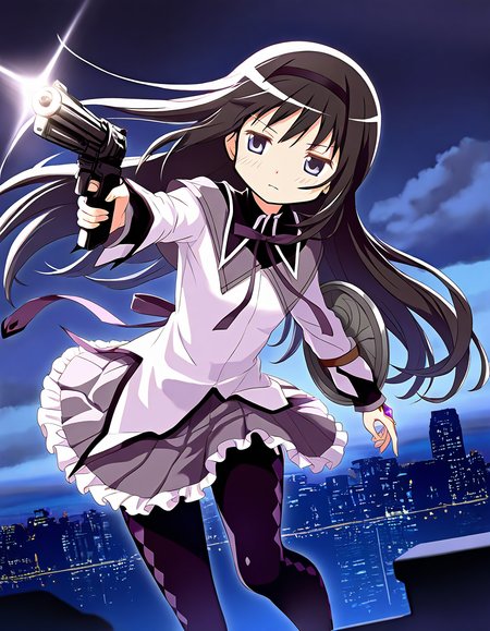 masterpiece, best quality, newest, absurdres, highres, safe, 1girl, akemi homura, magia record: mahou shoujo madoka magica gaiden, solo, holding gun, shield, aiming, night, city, cloudy sky, dutch angle, <lora:20241226152250_akemi_homura_noobaiXLNAIXL_vPred10Version:0.7>
