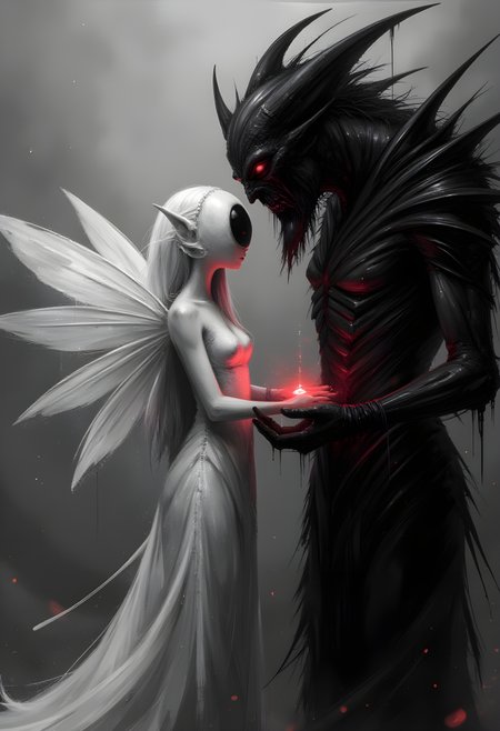 cinna flow, A grayscale ethereal painting of a fairy figure and a dark monstrous figure. The fairy, with a single large, expressive eye for a head and delicate, detailed wings, is positioned in a contemplative pose. The figure is wearing a long, flowing, white dress with shimmering accents, suggesting a dreamy ethereal quality. The fairy's posture and expression convey a sense of quiet vulnerability and contemplation. The monstrous figure, dominating the right side of the composition, holds a small, luminous red object, radiating celestial energy. This figure radiates an unsettling darkness and a primal strength. Its dark form is contrasted with vibrant, glowing, crimson eyes. Both figures are shrouded in ethereal textures and dripping dark hues. The style emphasizes intricate detailing, with textures like fine dust or cosmic debris scattered around the figures, creating depth and a surrealistic atmosphere. Dramatic lighting accentuates the shapes and forms. The color palette is primarily shades of gray, black, and white, with a few spots of luminous red and cosmic colors. The overall mood is mysterious and contemplative, hinting at a tale of duality and opposing forces. A surrealism style with a touch of gothic influences.