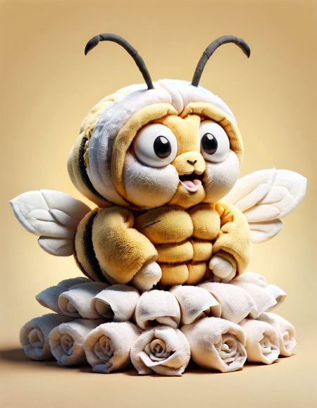 a cute obese chibi bee sitting on a flower, looking shocked and derpy, looking at viewer, made of ral-towl <lora:ral-towl:1> realistic image trending on artstation