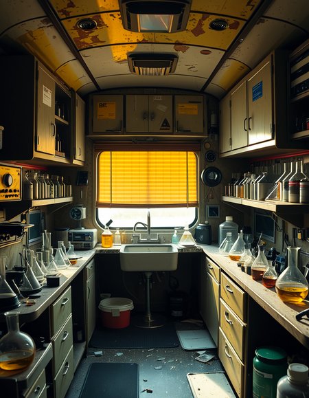 The interior of an old RV converted into a clandestine drug laboratory, inspired by the TV series Breaking Bad. The space is cramped and messy, filled with scientific equipment, glass beakers, flasks, burners, chemical containers, and lab tools scattered around. The walls are aged and stained, with peeling wallpaper and old metallic cabinets. A small sink area is cluttered with dirty lab glassware. The lighting is dim and tinted yellow, with sunlight barely filtering through dusty blinds. The floor is grimy, with a mix of rubber mats and worn carpet. The overall atmosphere is tense and gritty, capturing a sense of secrecy and danger. Hyper-realistic style, cinematic composition, rich in textures and shadows.
<lora:SDXLFaeTastic2400:0.4> <lora:extremely_detailed:0.4> extremely detailed,<lora:old_RV_drug_l4b0r4t0ry:1>,old RV drug l4b0r4t0ry, Masterpiece,best quality,hi res,8k,hi res,8k,award winning,(sharp focus, intricate, highly detailed),