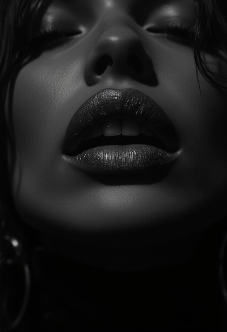 A black and white photograph of lips,focus on her lips,dark shadows, film grain, high contrast, perfect lips, lighting reflections, close lips, sparkling reflection on lips due to it wetness