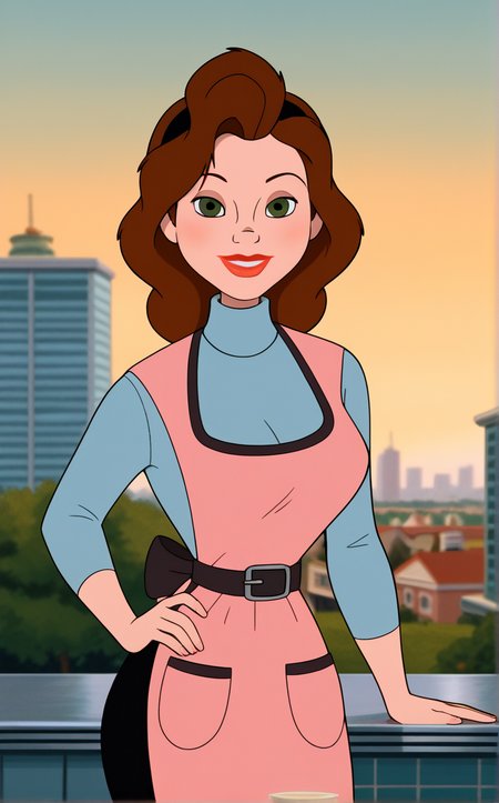 score_9, score_8_up, score_7_up, absurdres, contrapposto, hand on hip, sunset, sidelighting, cityscape, vanishing point, outdoors, depth of field, solo, looking at viewer, <lora:PONYXL_IronGiant_AnnieHughes_ownwaifu:1>, BREAK BlueShirt_AnnieHughes_ownwaifu, 1girl, apron, black belt, black hairband, black pants, blue shirt, blue sweater, breasts, brown apron, brown hair, curly hair, eyeshadow, green eyes, large breasts, leggings, lips, lipstick, long hair, long sleeves, makeup, mature female, nose, pink apron, pocket, red lips, turtleneck,  turtleneck sweater,<lora:add-detail-xl:0.15>,