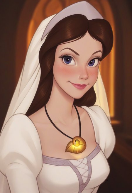 PonyXLV6_Scores, BREAK, zPDXL3, PRSNL4 Style, source_cartoon, very aesthetic, detailed image, detailed face, detailed lighting, best details, perfect anatomy, black outlines,
1girl, solo, WeddingDress_Vanessa_ownwaifu, white wedding dress, (indigo eyes, detailed eyes:1.1), brown hair, golden shell necklace, (ckwickhams_style), slender, medium breasts, skinny, perfect female form,
old church, medieval monastery, sunset, warm lighting,
smile, subtle blush, charming smile,looking at viewer,
standing, wide stance, hip sway, arms relaxed, 
2/3 angle, face focused, portrait,
cinematic masterpiece,