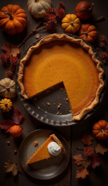 Top-down view of a rustic autumn scene with a homemade pumpkin pie on a wooden table. The pie is in a round, scalloped-edge metal pan, with one slice removed and placed on a vintage metal plate nearby. The slice of pumpkin pie on the plate is topped with a dollop of whipped cream. Surrounding the pie are small decorative gourds in shades of orange, yellow, and green, along with a small orange pumpkin and dried autumn flowers with red and orange tones. The lighting is warm and moody, creating a cozy, autumnal atmosphere. <lora:flux_realism_lora:2>, <lora:aidmaImageUpraderv0.3:0.5>, aidmaimageupgrader, <lora:iphone-dev-7:0.5>, iphone photo, <lora:aidmaHyperrealismv0.3:0.5>, aidmaHyperrealism, <lora:db0_realism:0.5>, <lora:Cinematic_style_2:0.1>, <lora:c41_hasselblad_portra400_FLUX:0.3> <lora:cultures_v2_flux:0.5>