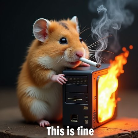 A hamster leaning against a CPU on fire, while smoking a cigarette.  Text at the bottom of the photo that says "This is fine."