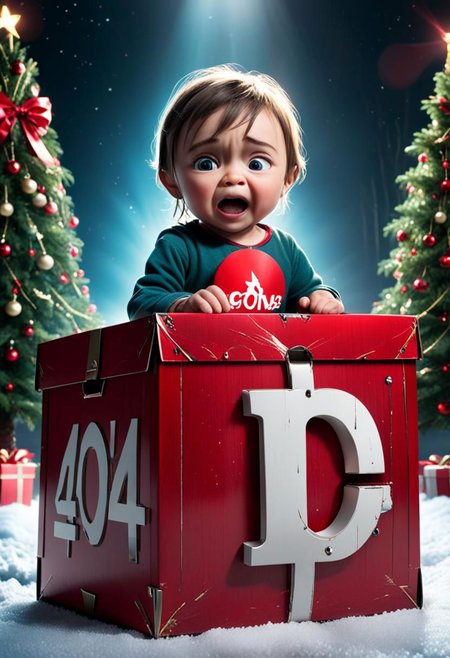 (("404" text logo:3) in large prominent font, centered in a box held by crying child), child holding box with text while crying, red 3d lettering, "404" glowing, ominous flashing light, shadows, ray traced, Christmas tree background  dof