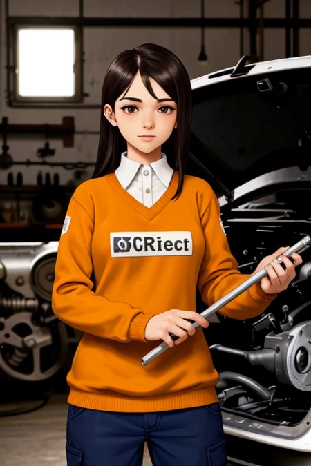 1girl,  mechanic, working on engine,  staff jumper, race <lora:LCM_LoRA_Weights_SD15:1>