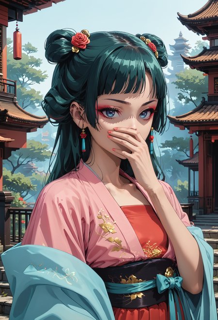 score_9,score_8_up,score_7_up,high quality,masterpiece,<lora:add-detail-xl:2.1>,zPDXL3,<lora:Female-portrait-Illustration_ponyXL_LOREVER:0.8>,femillustration,portrait,upper body,face focus,((covering mouth)),shaded face,serious,<lora:maomao_ponyxl_v1:0.8>,1girl,maomao,green hair,long hair,blue eyes,small breasts,double bun hairstyle,double bun,hair bun,hair ornament,yellow hair flower,half updo,hair beads,makeup,lipstick,pink eyeliner,pl-dress,pink hanfu,chinese clothes,red dress flower,red rose,waist bow,green sash,light blue shawl,red hakama,long sleeves,wide sleeves,âââ,âââ