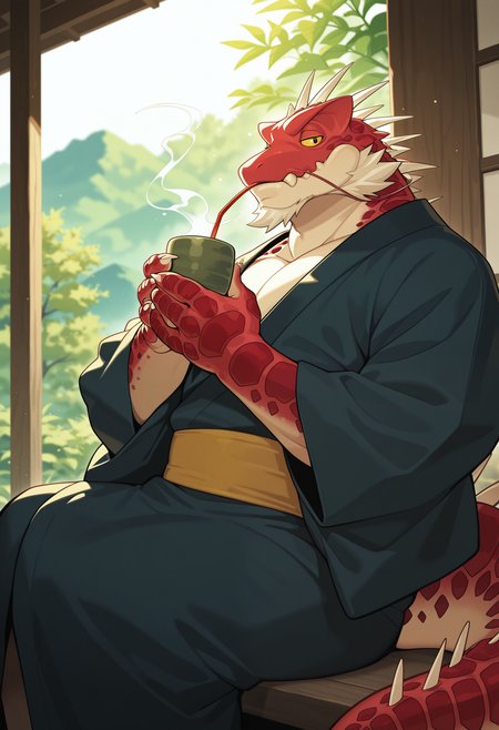 masterpiece, best quality, amazing quality, 1boy, solo, ItzamnaTAS, Yellow Sclera, sitting, kimono, drinking tea, tail