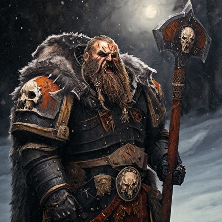 Space wolf warrior, wolf priest, chaplain, skull helmet, wolf skull helmet, wolf skull has a long snout that extends to the helmet mouth vent, the skull has fangs and glowing eyes, warrior with beard is in winter landscape, he is a werewolf space marine,  he as heavy scars, he has his huge runic hammer in his hands, portrait style, viking, norse, beard, clad in ripped furs and pieces of old worn space wolf armor, Black over black, top light, masterful painting in the style of Anders Zorn | Marco Mazzoni | Yuri Ivanovich, Todd McFarlane, oil on canvas
<lora:add-detail-xl:1> <lora:MJ52:0.5>