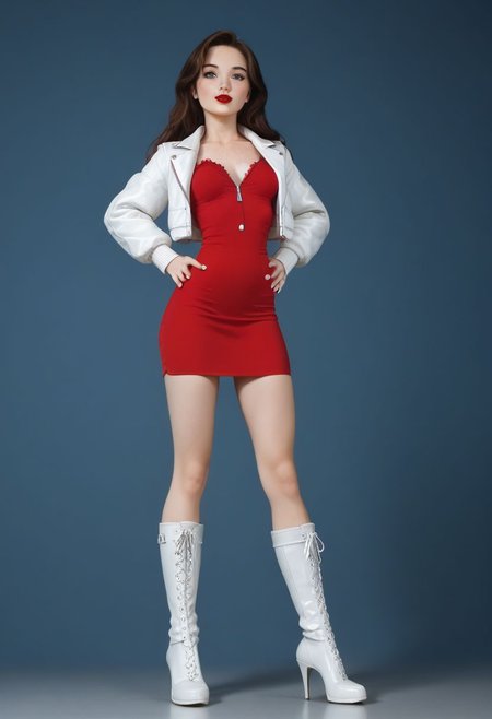 Expressiveh, red lipstick, long pony tail,  (brunette 1.2), super long hair, Open white sports jacket,
Red blouse top, white leather high waist long pencil skirt, below knee skirt, 
very high platforms boots, 9 inch heels,
small breasts, cute, adorable, innocent, petite, thin, Katie, highly detailed, perfect skin, freckles, playful look, standing facing camera, full body image,