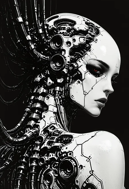 masterpiece, best quality, good quality, very aesthetic, absurdres, newest, 8K, depth of field, focused subject, ghost in the shell aesthetic, monochrome, black and white, line art, sketch style, technical drawing, closeup quarter upper body shot, from behind, almost from side, 1girl, cyborg, gynoid, face focus, segmented face with panel lines, dark vacant eyes, looking back, parted lips, intricate exposed mechanical components above cranium, cyberpunk, high contrast background, clinical atmosphere.
<lora:DRKWB:0.4> <lora:SketchStyle:0.8> Jedsk5tch, sketch,  <lora:skzW0rld-IXL:1> skzW0rld