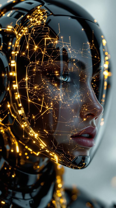 Woman wearing a cyberpunk style shiny black helmet with robotic features, the reflection on her face is made of glowing golden wires with intricate details, hyper realistic photography in the style of editorial pose, photorealistic, 8k, high render