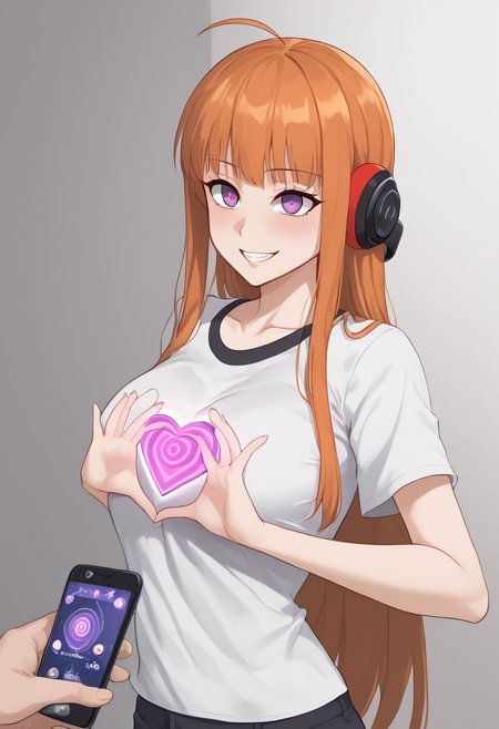 Futaba hypnotized, 
score_9, source anime, lewd, 1girl,
mind control, hypnotized, glazed over eyes, expressionless, slightly drooling, happy trance,
boobheart, heart hands Press own breast, (mind control phone app), pov, pov holding phone,
futaba sakura, orange hair, long hair, purple eyes, ahoge, behind-the-head headphones,