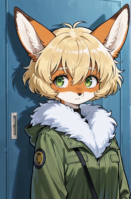 (anthro fox girl:1.5),blonde hair,green eyes,(fur:1.5),(fluffy:1.5)
hair between eyes,zPDXL3,solo
<lora:Perfect Hands:1> <lora:age_slider_v4:-1>
<lora:Tezuka_Osamu:0.9>tezuka osamu, score_9, score_8_up, score_7_up, score_6_up, score_5_up, score_4_up,zPDXL
