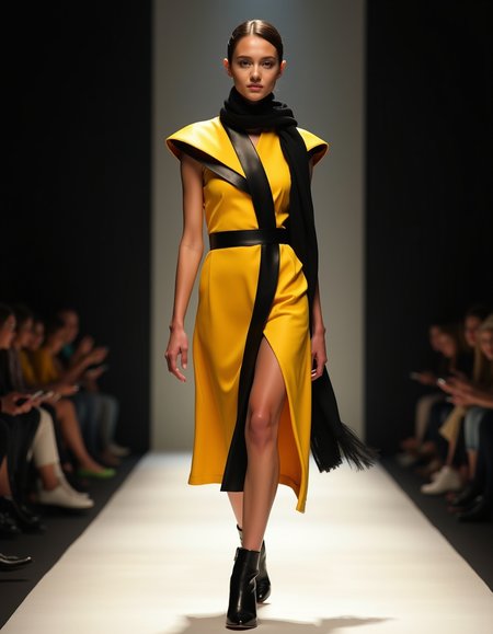 fashion catwalk, lighting, photo, 
Women wearing high end dress with sharp shoulder pads and stiff skirts, yellow and black colors, black scarf, high heels leather,
