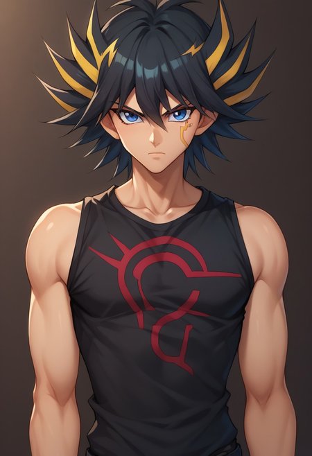 score_9, score_8_up, score_7_up, source_anime, highly detailed, 
yusei, 1boy, male focus, solo, blue eyes, multicolored hair, spiked hair, black hair,
blonde hair, serious, upper body, shirt, streaked hair, sleeveless, facial mark, closed mouth, sleeveless shirt, looking at viewer,  hair between eyes, black shirt, print shirt,