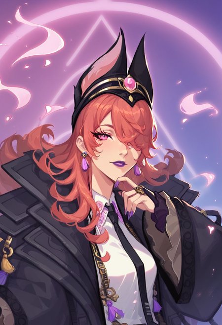 score_9, score_8_up, score_8, pretty girl, looking at the spectator, solo, fox ear headpiece, tie, pink eyes,sujuedaji,looking at viewer, purple lips, black necktie, jewelry,  jacket, white shirt,hair over one eye,
