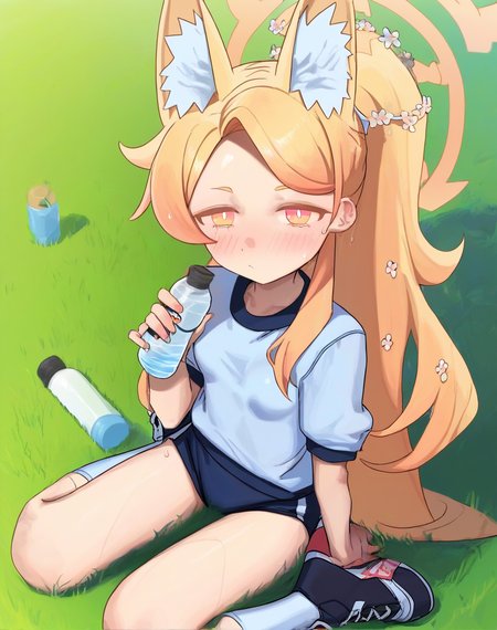score_9, score_8_up. score_7_up,  uncensored, <lora:syhan:1>, syhan, score_9, syhan, 1girl, seia (blue archive), animal ears, yellow halo, blonde hair, long hair, black shorts, white shirt, sitting, animal ear fluff, gym uniform, wariza, water bottle, blush, holding bottle, white socks, short sleeves, shoes, forehead, ponytail, on grass, sweat, gym shirt, looking at viewer, black footwear, gym shorts, sneakers, black buruma, closed mouth, small breasts, outdoors, alternate costume, parted bangs, extra ears, multicolored eyes, hair ornament, flower