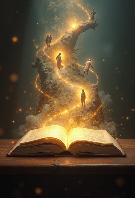 "A mystical, ancient book lies open on a grand wooden table, its pages glowing with a soft, golden light. Swirling text and illustrations transform into vivid, living scenes, floating above the book in ethereal detail. Multiple stories emerge, blending seamlessly into each other, creating a dynamic tapestry of human emotion and imagination. Scenes include a luminous couple in love, armored soldiers in war, children playing in a meadow, and a daring explorer on a mountain peak. The book glows brighter as the stories swirl around it, connected by threads of light. The air shimmers with magical particles, and faint music and whispers of narrative drift from the pages, adding to the sense of wonder and enchantment. Faint shadows of readers long gone surround the table, as if the book's power reaches through time, touching all who dared to turn its pages."