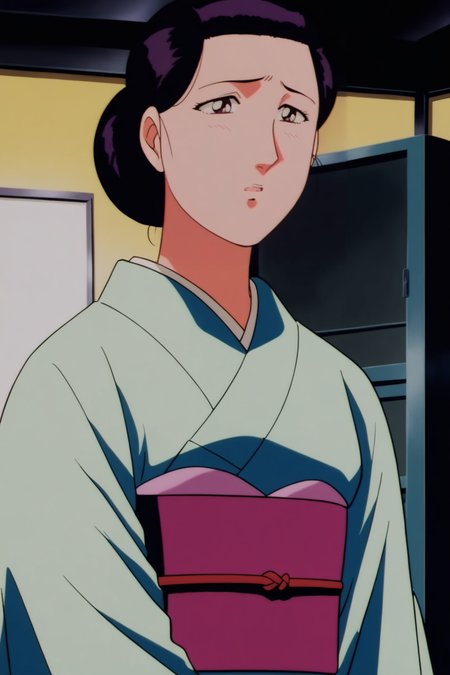 anime screencap,anime coloring,detailed face,masterpiece,best quality,very aesthetic,absurdres,official style,amazing quality,ultra detailed,highres,amazing quality,scenery,beautiful detailed hair,beautiful detailed eyes,
<lora:å·½ç´«ä¹-IL V1:1>,Xzn,solo,1girl,single hair bun,hair bun,black hair,retro artstyle,mature female,
japanese clothes,green kimono,sash,1girl,obi,