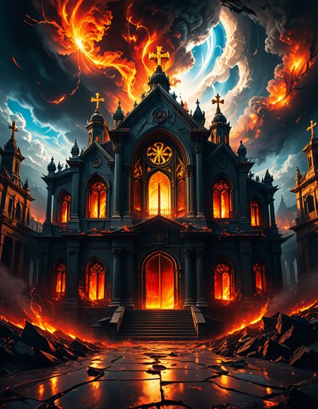 A once-majestic celestial temple, now under siege by the forces of Hell. The grand white stone structure is cracked and scorched, its golden crosses twisted and broken. The stained-glass windows, once glowing with warm divine light, are now shattered, with demonic symbols glowing ominously in their place. The sky, once a serene blue, is now consumed by dark storm clouds, swirling with red lightning and thick smoke.
Black, jagged chains extend from the sky, wrapping around the temple as if trying to pull it down into the abyss. The once-fluffy clouds beneath the structure are now a chaotic mix of fire, ash, and dark mist, with glimpses of molten lava cracks below. Infernal creatures with glowing red eyes lurk in the shadows, their silhouettes barely visible through the smoke and fire.
The temple doors are blown open, revealing an eerie red glow emanating from within, as if Hell itself is consuming the sacred space. Massive demonic runes are etched into the stone, pulsating with an unholy energy. The entire scene is bathed in a deep crimson and orange glow, giving it an apocalyptic and nightmarish atmosphere.
Style & Lighting:
- Dark fantasy, highly detailed
- Dramatic, high-contrast lighting with fiery glows
- Cinematic composition, epic scale
- Strong use of shadows, embers, and atmospheric foghighly detailed and atmospheric view from inside a massive birdcage, large enough for a human to stand inside. The cage is made of ornate, aged metal bars with intricate Victorian-style patterns, curving elegantly towards the domed ceiling. Sunlight filters through the gaps between the bars, casting long, dramatic shadows on the wooden floor. Delicate vines and small flowers have begun to grow around the bars, adding a touch of nature reclaiming the space. The background beyond the cage is blurred, hinting at a lush garden or a mysterious, abandoned mansion. The ambiance is serene yet slightly melancholic, with warm golden light illuminating dust particles floating in the air. Soft feathers are scattered on the floor, adding to the sense of quiet abandonment. The perspective makes the viewer feel as if they are inside the cage, looking outward, surrounded by both beauty and confinement. The style is highly detailed and realistic, with a cinematic and slightly surreal atmosphere.
<lora:SDXLFaeTastic2400:0.4> <lora:extremely_detailed:0.4> extremely detailed,evil celestial t3mpl3, <lora:evil_celestial_t3mpl3-p:1>, Masterpiece,best quality,hi res,8k,hi res,8k,award winning,(sharp focus, intricate, highly detailed),