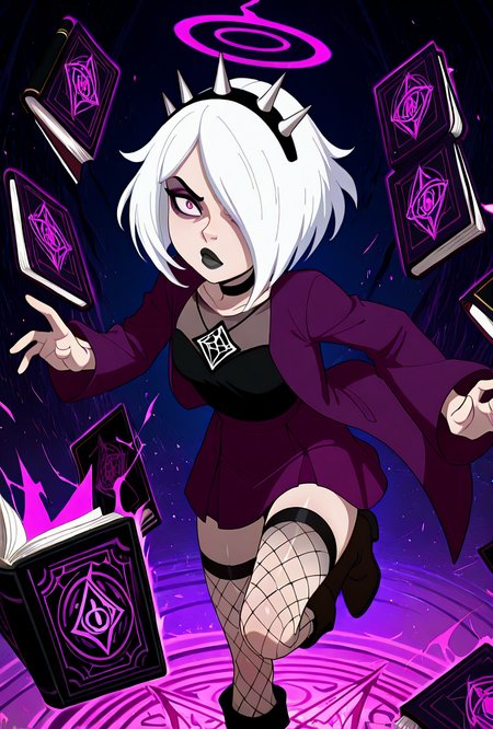 <lora:charmreb:1> charmreb, 1girl, white hair, short hair, spiked hairband, black choker, makeup, hair over one eye, eyeshadow, black lips, jacket, long sleeves, dynamic pose, purple skirt, fishnet legs, boots, ,  open book, floating books, dark cult, masterpiece, best quality, amazing quality, very aesthetic, absurdres, newest,