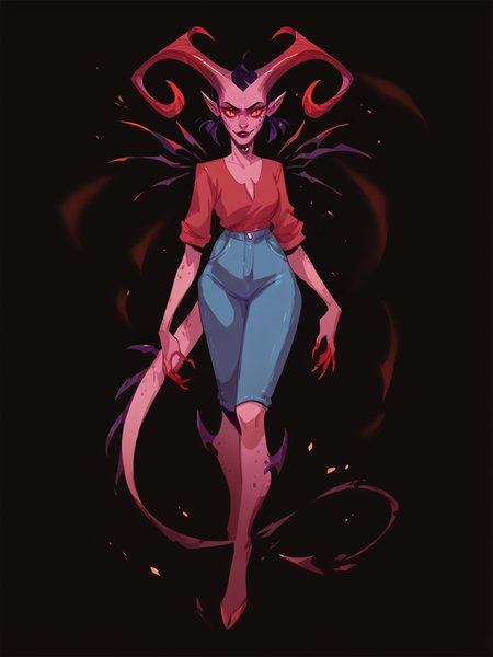 score_9, score_8_up, score_7_up, score_6_up, score_5_up,  <lora:rysiartXLP:1> rysiart, solo, 1girl, demon, horns, black background, full body,