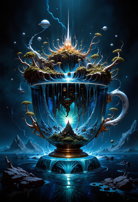 A surreal scene where a colossal teacup, made entirely of crystal, floats in the middle of a dark ocean. Inside the teacup, an entire ecosystem thrives, with miniature floating islands, glowing waterfalls, and strange alien-like plants. The water inside the teacup defies gravity, swirling upwards into the sky. Tiny airships fly around the teacup, their lights blinking in the darkness. The scene is a mixture of hyper-realism and fantasy, with intricate details on the crystal surface of the cup, and a mysterious, otherworldly atmosphere.     <lora:FluxMythP0rtr4itStyle:0.8> MythP0rt, <lora:aidmaImageUpgrader-FLUX-V0.1:0.33> detailmaximizer,  <lora:artilands:0.66> <lora:flux_vividizer:0.33>