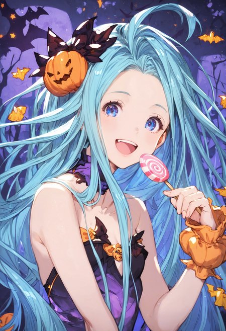score_9, score_8_up, score_7_up,score_6_up, source_anime, best quality, aesthetic, absurdres, realistic, 
halloween, halloween costume, official alternate costume, hair ornament, lollipop candy,
1girl, solo, smile, upper teeth only, (clear eyes:1.1), looking at viewer,
Lyria (Granblue Fantasy), very long hair, blue hair, (body_slim:1.1), small breasts, bare legs, 
<lora:Lyria-Pony:0.8>  <lora:IshikePony:0.2>