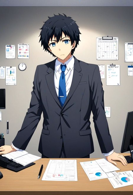 high resolution, solo, best quality, 1Boy, Arata Kaizaki, Black Hair, Blue Eyes, suit, worklife, workspace, OverallDetail