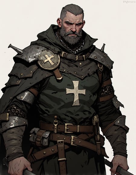 Ev Ganin style. The image is a detailed, highly detailed digital illustration in a medieval fantasy style. The central figure is a muscular, bearded warrior dressed in dark, worn leather armor adorned with a white cross emblem on his left shoulder. He wears a hooded cloak, also bearing the cross emblem, and a chain mail shirt underneath. His armor is adorned with a belt and pouches, and he carries a sword at his side with a scabbard. <lora:Ev_Ganin:1.0>