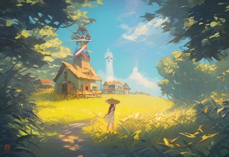 girl looking up at a lone windmill on hill, pas0, sbfte, d4rkv1b3, (score_9, score_8_up:1.1), score_7_up, jill stingray, twintails, straw hat, from behind, looking at the earth, awawa, golden wheat field, summer heat, setting sun, trees, small cottage, sc3nery, vibrant colors, high contrast,
