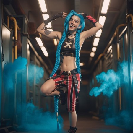 cinematic photo a funny woman, full body, jumps and laughs, and blue hair and braids is posing for a picture <lora:Jinx1024-000260:0.8> . 35mm photograph, film, bokeh, professional, 4k, highly detailed