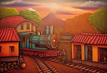 steampunk railroad station in  (Nicaragua Primitivism painting style) , painting