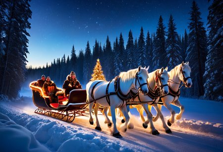 picture of a perfect holiday,
dedmoroz is sitting in a sleigh and driving a sleigh pulled by three beautiful white horses, a bright happy smile looking at the viewer,
a wide snow-covered road among a dense coniferous forest, 
a bright sunny winter day, a forest in the snow, bright sun, volumetric lighting,
snow-covered fir trees around, a cozy evening warm festive cheerful atmosphere of Christmas and New Year,
it's snowing, snowfall, festive New Year's atmosphere, starry sky with shining multi-colored ribbons of the northern lights, flashes of red, blue, green flowers against the background of the black sky with a bed of scatterings of stars and constellations,
absurdity, masterpiece, intricate details, fine details, high resolution, fine small details, HDR, DSLR camera, attention to detail, high resolution, bright colors, deep shadows, large depth of field, stunning contrast,
Masterpiece, (cosy atmosphere), (ultra high res, mj, best quality), (highly detailed), (cinematic), (volumetric lighting, volumetric shadows), (cozy nsfw), Amazing, (finely details), (photorealistic:1.4), warm lighting, ray tracing, dynamic lighting, (extremely clear facial details:1.4),
 <lora:sleigh_Illust_v1:1> sleigh, christmas, fur trim, sled, bell, blush, gloves <lora:DedMoroz:1> dedmoroz <lora:ChristmasWinteryXL:0.7> christmaswintery, light, rays, mystical,  <lora:Mystical Snowflakes XL:0.7> snowflakes, mystical <lora:SDXLAuroraStyle:0.3> aurora, glowing <lora:MidjourneyV6.1:0.7> photograph, midjourneyv6 <lora:great_lighting:1>
