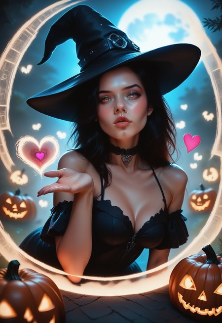 safe_pos, score_9, score_8_up, score_7_up, realistic, masterpiece, best quality, absurdres, vibrant, highly detailed, gorgeous, sexy, enchanting, upper body, 
BREAK 
1girl, solo, SeijV2, open hair, reij-bewitched, black dress, black choker, black hat, pumpkin hatdetail, skin details, detailed eyes, blowing kiss, (heart:1.2), plucked lips, hand up, (blush:0.8), standing, (leaning forward:0.8), looking at viewer, 
BREAK 
Jed-dtl, depth of field, high contrast, film grain, Rim Lighting, night, starry sky, (full moon:1.5)