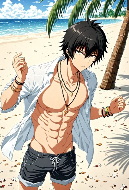 high resolution, solo, best quality, 1Boy, Seiya Kanie, black hair, short hair, thin, shallow depth of field, beach, open shirt, shorts, sixpack, necklace, bracelet, coconut tree, OverallDetail