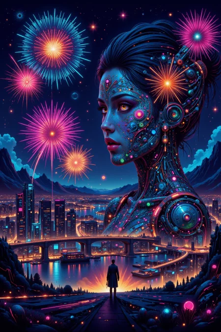fireworks festival beautiful  landscape, bright luminous night, woman, very intricate, very detailed, sharp, bright, colorful, <lora:Hand v2:0.5> <lora:Anti-Blur:1><lora:Insane Detail Slider:0.25>  <lora:flux.1_lora_flyway_Epic-detail_v2:0.3> <lora:fluxenhancer:0.25> <lora:ck-Neon-Retrowave:0.4> ck-rw, in the style of ck-rw, <lora:Neurocore Anime Cyberpunk v2.0:0.8> <lora:neon-cyberpunk-alla-prima:0.6> mad-llprm