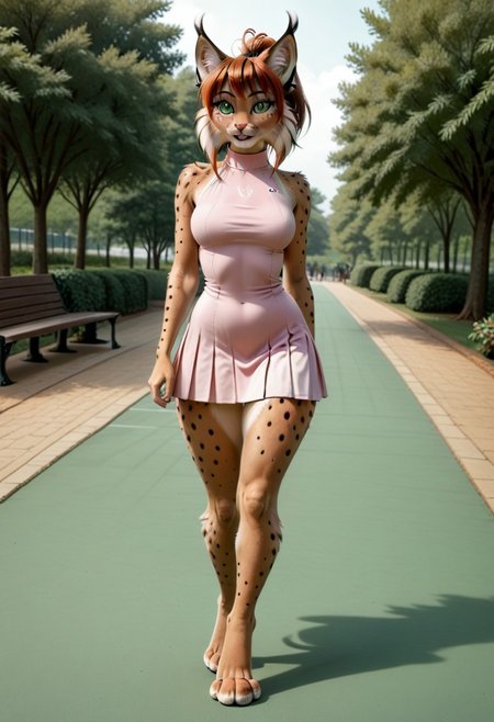 A 35mm photo of a petite beautiful 40 year old redhead, hair in a high ponytail, she is an anthropomorphic  lynx,  lynx nose,  lynx teeth,  lynx face, green lynx eyes, freckles,  lynx fur all over her body, walking in a park, she is surrounded by pretty wildflowers,  lynx tail, petite round hips, soft flat tummy, soft curvy petite thighs,  petite c-cup breasts, wearing a pink tennis dress, she is a  lynx,  lynx tail, small pawlike hands, digitigrade  lynx feet, no shoes, brown lynx fur, tennis dress