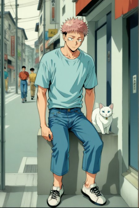 1boy, male focus, itadori yuuji, jujutsu kaisen , (90s anime style:1.5), front view, outdoors, street view, (looking down:1.3), perfecteyes, shirt, denim shorts, (a single white cat sitting next to them) <lora:detailed_notrigger:1> <lora:ParchartXL_CODA:0.2> <lora:Isometric Cutaway:1> <lora:PerfectEyesXL:1> <lora:Surreal Harmony:0.2>