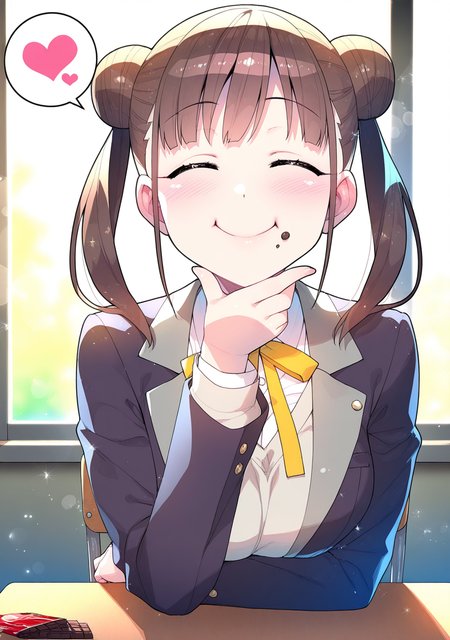 masterpiece, best quality, absurdres, perfect lighting,shiny skin,<lora:StS-Illustrious-Detail-Slider-v1.0:3>,<lora:illustrious_noobai_epsilon_pred_1_best_quality_v1:1>,<lora:redrop:0.8>,redrop,1girl,sonoda chiyoko,school uniform, eating, chocolate bar, holding, closed eyes, hand on own chin,smile,spoken heart,