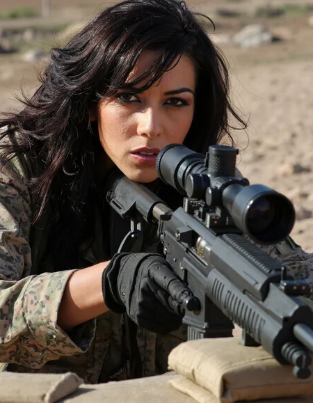 A female Marine sniper lies prone behind a sandbag bunker, her M40 rifle trained on an enemy position across no man's land. The camera is positioned from a high angle, capturing the intricate details of her uniform and equipment as well as the desolate landscape surrounding her. A subtle gradient effect enhances the contrast between light and dark, drawing attention to the subject's sharp features.