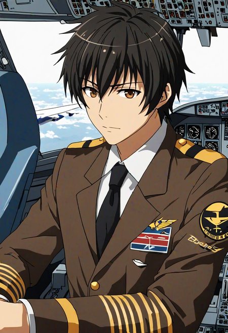 seiya kanie, 1boy, male focus, Black Hair, Brown Eyes, Pilot, Comercial Airplane, Boeing