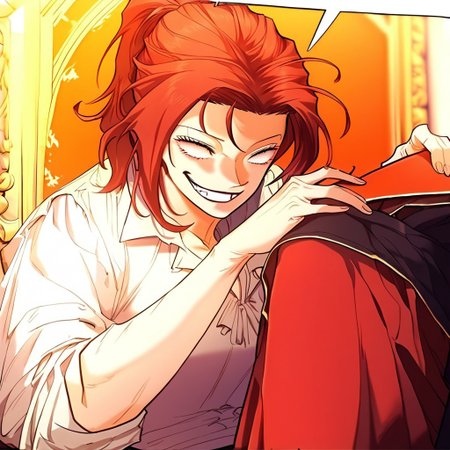 score_9, score_8_up, score_7_up, masterpiece, very high quality, Anime_source, AliciaTermina, blue eyes, red hair, medium hair, ponytail, working uniform, sitting, throne, epiCPhoto, Lloyd Frontera expression, silly face, laugh, wide eyes, evil laugh