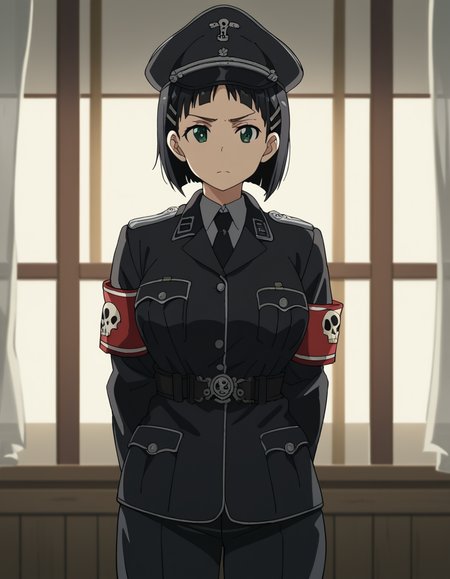 score_9, score_8_up, score_7_up, source_anime, suguhakirigaya, <lora:suguha-kirigaya-s1-ponyxl-lora-nochekaiser:1>, suguha kirigaya, short hair, black hair, hair ornament, hairclip, green eyes, large breasts,, <lora:warden-ponyxl-lora-nochekaiser_r1:1>, skull hat ornament, uniform, military uniform, black uniform, hat, cap, black cap, armband, collared shirt, black necktie,, indoors, hands behind back,, cowboy shot,