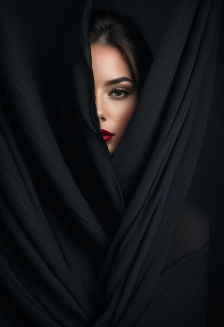 Minimalistic black background with a woman's face partially obscured in the style of flowing fabric, creating an enigmatic and mysterious atmosphere. The dark tones accentuate the dramatic effect of her lips and hair against the stark contrast between lightness and darkness in the composition. This design is perfect for conveying a sense of mystery or depth. The ultra realistic photography style accentuates the dramatic effectThis stunning image is rendered in insanely high resolution, realistic, 8k, HD, HDR, XDR, focus + sharpen + wide-angle 8K resolution + HDR10 Ken Burns effect + Adobe Lightroom + rule-of-thirds  + high-detailed bark.
(minimalist abstraction:1.2), (subtle gradient backdrop:1.1), (tranquil yet evocative:1.2), (conceptual portraiture:1.3), (play on perception:1.2), Canon EOS 5D Mark III, 1/160s, f/8, ISO 100, (surreal calm:1.1), (visual metaphor:1.3),