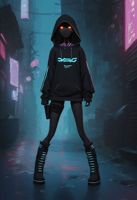score_9, score_8_up, score_7_up, score_6_up, score_5_up, score_4_up, city, night, dark, alleyway, detailed background, 1entity, slender, oversized hoodie, hood up, glowing eyes, neon stripes hoodie, nothing under the hood, shadow under the hood, flat chest, pure black skin, thin legs, boots, fleeing pose, holster, action shot, dynamic, cyberpunk, teeth, sarcastic grin, Shadowed Face, pikaole