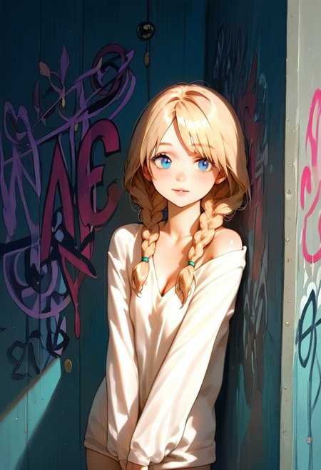 score_9, score_8_up, score_7_up, score_6_up , masterpiece,best quality, highly detailed, masterpiece,best quality, highly detailed, source_cartoon, uncensored, rating_explicit, casual, shiny skin, shiny highlights, emphasis lines, graffiti wall, vinyl skirt, (leaning back against a wall with arms stretched out), cute adult woman, long blonde hair, Top knot with braids wrapped around the base, bright blue eyes with a gentle sparkle, smooth fair skin, soft pink lips, delicate and refined facial features, wearing a casual yet stylish outfit, cheerful and warm expression, soft natural lighting, approachable and friendly vibe, youthful yet mature appearance, ((poised)) highly detailed, intricate details in hair and makeup, masterpiece, best quality, ultra highres, original, extremely detailed, perfect lighting, portrait